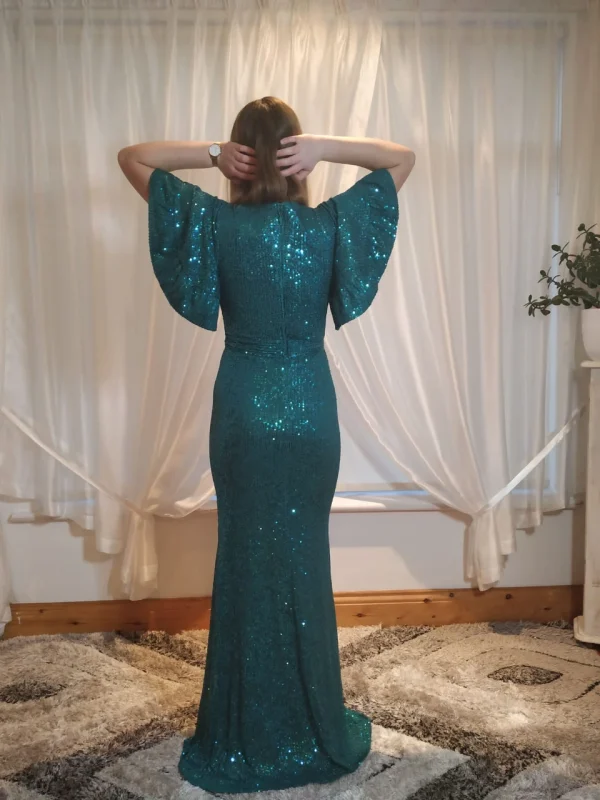 Emerald Green Sequin Evening Dress with Butterfly Sleeves Back Galway