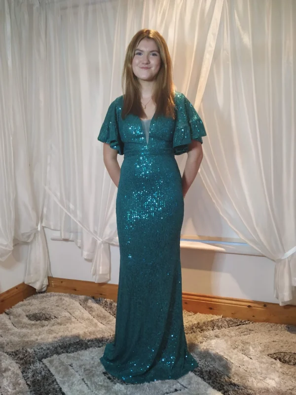 Emerald Green Sequin Evening Dress with Butterfly Sleeves Front Galway