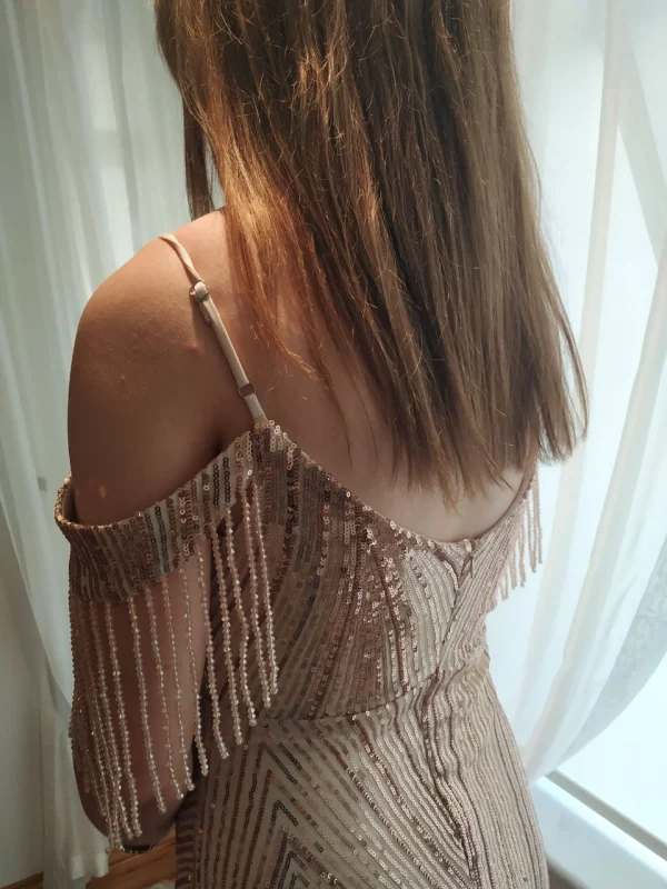 Rose Gold Sequin Prom Dress with Fringe Detail back