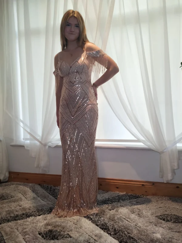 Rose Gold Sequin Prom Dress with Fringe Detail in Galway