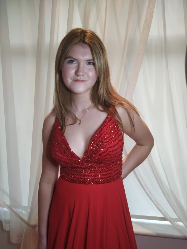 Sequin Bodice Prom Dress with Leg Slit Red